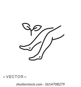 female legs with leaves icon, woman foot care, beauty spa concept, thin line symbol isolated on white background, editable stroke eps 10 vector illustration