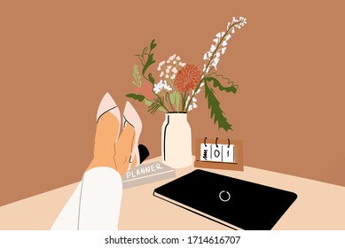 Female legs on a beautiful working space decorated with a bouquet of flowers. Concept of a cozy home office. Vector illustration in flat cartoon style