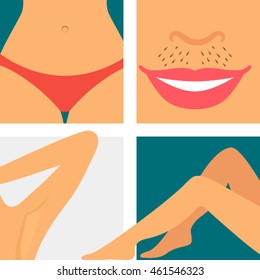 female legs and options for epilation and depilation. flat vector illustration