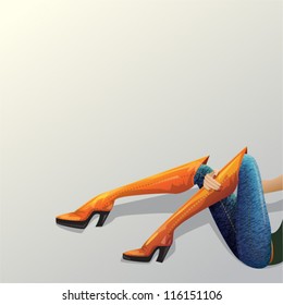 Female legs in orange boots and blue jeans. Vector card