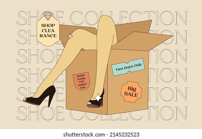Female legs in peep toe shoes stick out cardboard box. Shoe sale design template with stickers. Vector template in retro style.