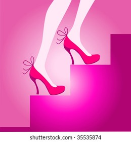 Female legs in pink shoes on a ladder