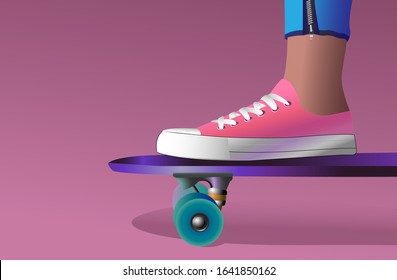 
Female legs in pink sneakers stand on a skateboard and behind a pink background
