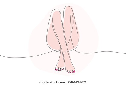Female legs with red nails. Continuous line drawing of naked women legs. Minimalist black linear sketch isolated on white background. 