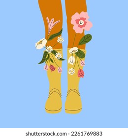 Female legs in the rubber boots. Cool footwear with flowers. High socks . Hand drawn vector colored trendy fashion illustration. Flat design