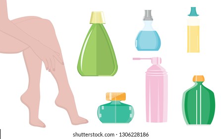 Female legs - set of bottles and jars - isolated on white background, flat style - vector. Cosmetic and therapeutic procedures for the legs.