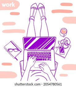 female legs in a skirt with a laptop top view work vector sketch