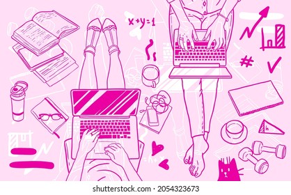 female legs in a skirt and pants with a laptop top view free work vector sketch pink
