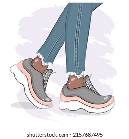Female legs in sneakers and jeans, sketch, fashion illustration, clothes and shoes, textile print, postcard, packaging, vector illustration.