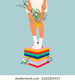 Female legs in the socks. Cool footwear with flowers. High socks . Hand drawn vector colored trendy fashion illustration. Flat design