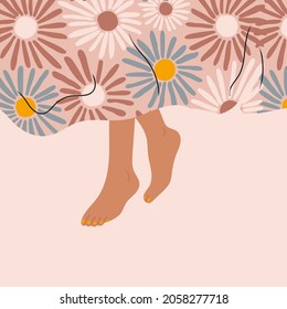 Female Legs sticking out from under the blanket. Person sleeping under soft cozy blanket. Top view. Morning in bed, coziness, relaxation concept. Hand drawn trendy Vector illustration
