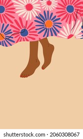 Female Legs sticking out from under the blanket. Person sleeping under soft cozy blanket. Top view. Morning in bed, coziness, relaxation concept. Hand drawn trendy Vector illustration