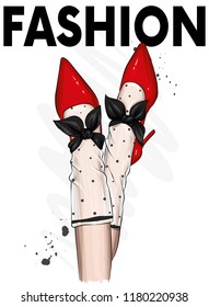 Female legs in stylish shoes with heels and lace socks. Fashion and style, clothing and accessories. Footwear. Vector illustration for a postcard or a poster, print for clothes. Vintage and retro.