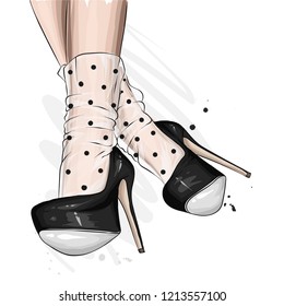 Female legs in stylish shoes with heels and lace socks. Fashion and style, clothing and accessories. Footwear. Vector illustration for a postcard or a poster, print for clothes. Vintage and retro.
