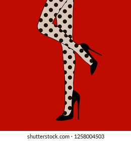 Weibliche Beine in stylischen Schuhen mit Fersen und Spitzen-Polka-Dot-Strumpfhosen. Mode, Stil, Kleidung und Accessoires auf rotem Hintergrund. Schuhe. Vektorgrafik für Postkarte, Poster, Druck. Vintage, Retro