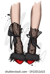 Female legs in stylish shoes with heels and lace socks. Fashion and style, clothing and accessories. Footwear. Vector illustration for a postcard or a poster, print for clothes. Vintage and retro.