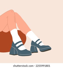 Female legs in stylish shoes with heels and lace socks. Fashion and style, clothing and accessories. Footwear. Vector illustration for a postcard or a poster, print for clothes. Vintage and retro.