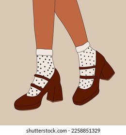 Female legs in stylish shoes with heels and lace socks. Fashion and style, clothing and accessories. Footwear. Vector illustration for a postcard or a poster, print for clothes. Vintage and retro.