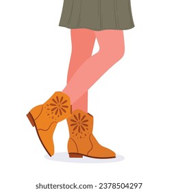 Female legs wearing boots. Cartoon woman wear suede boots and skirt, trendy female outfit flat vector illustration. Legs in fashion footwear