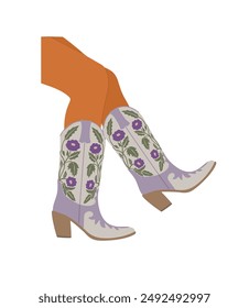 Female legs wearing cowgirl boots. Traditional western lilac cowboy boots decorated with embroidered floral wild west ornament. Realistic vector art illustration isolated on white background.