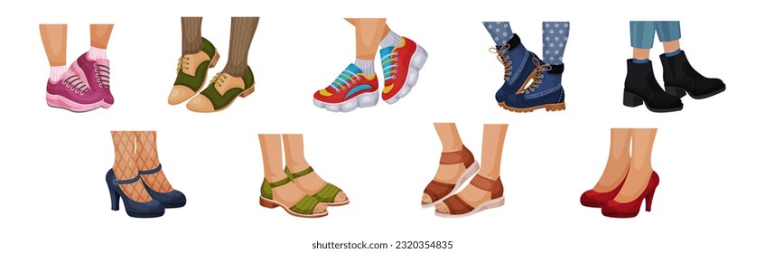 Female Legs Wearing Fashion Shoes and Footwear Vector Set