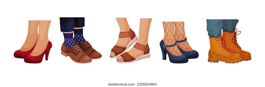 Female Legs Wearing Fashion Shoes and Footwear Vector Set