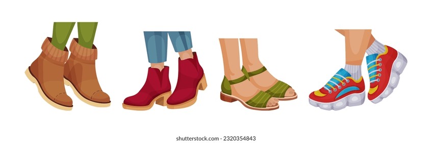 Female Legs Wearing Fashion Shoes and Footwear Vector Set