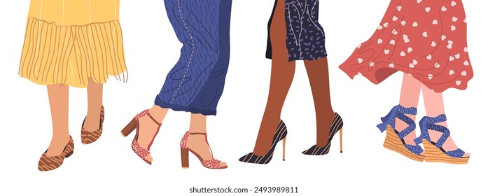 Piernas femeninas con zapatos de moda. Pies en calzado moderno de verano o primavera. Tacones altos, cuñas, ballet de moda. Modelos femeninos elegantes de zapatos. Horizontal Anuncio. Ilustración vectorial plana.