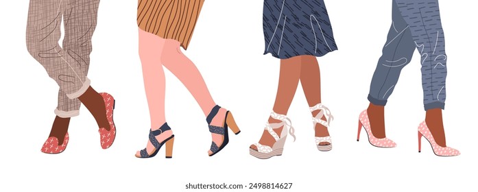 Piernas femeninas con zapatos de moda. Pies en calzado moderno de verano o primavera. Tacones altos de moda, zapatos de cuña, bailarinas. Modelos femeninos elegantes de zapatos. Anuncio Horizontal. Ilustración vectorial plana.