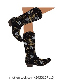 Female legs wearing fashionable cowgirl boots. Traditional western cowboy boots decorated with embroidered wild west ornament. Vector illustration isolated on white background.