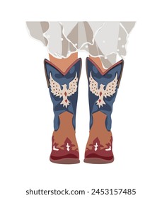 Female legs wearing fashionable cowgirl boots and dress. Traditional western cowboy boots decorated with embroidered wild west ornament. Vector illustration isolated on white background.