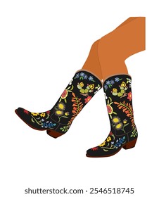 Female legs wearing fashionable cowgirl boots. Traditional western cowboy boots decorated with embroidered wild west floral ornament. Realistic vector illustration isolated on white background