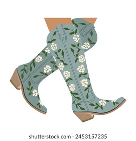 Female legs wearing fashionable turquoise cowgirl boots. Traditional western cowboy boots decorated with embroidered wild west ornament. Vector illustration isolated on white background.