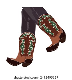 Female legs wearing jeans and cowgirl boots. Traditional western lilac cowboy boots decorated with embroidered wild west ornament. Realistic vector art illustration isolated on white background.