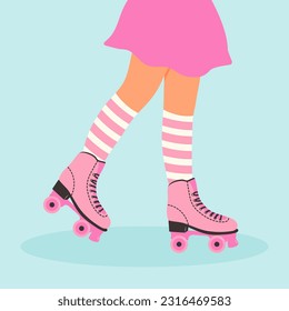Female legs wearing retro roller skates and striped socks. Rollerblading girl. Pastel colour web banner design. Modern poster.