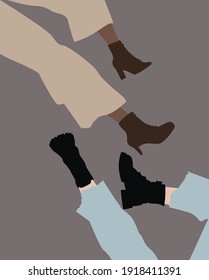 Female legs wearing stylish high heels and trendy boots. Footwear store or a fashion showroom concept. Minimalistic flat illustration. Female clothing. Fashion flat illustration.