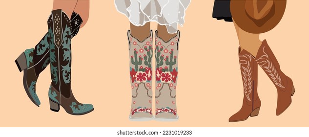 Female legs wearing western cowboy boots and dress. Stylish decorative cowgirl boots embroidered with traditional american symbols. Realistic hand drawn vector illustration isolated.