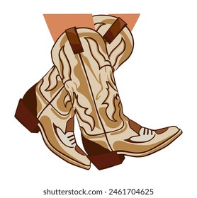 Female legs wearing western cowboy boots. Stylish decorative cowgirl boots embroidered with traditional american symbols. Watercolor hand drawn vector illustration isolated on white background. Not AI