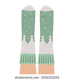 Female legs in woolen knitted socks with pine trees and snow. Cartoon vector isolated illustration. Christmas design element