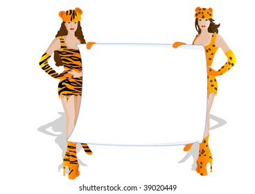 female leopard and a tiger with a poster