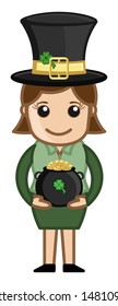 Female Leprechaun with St. PatrickÃ¢Â?Â?s Day Cauldron - Cartoon Business Characters