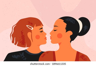 Female lesbian couple. Asian and caucasian women falling in love. Lgbt and pride concept. Homosexual poster or card for Valentine's Day. Flat vector.