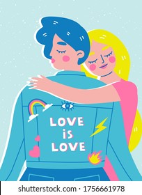 Weiblich lesbisches Paar umarmt. Vektorgrafik des LGBTQ-Konzepts im trendigen Cartoon-Stil. Handgezeichnete homosexuelle Figuren in Liebe.