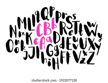 Female Lettering alphabet. Hand made ink font. Hand drawn Letters written with a brush. Trendy hipster vector illustration