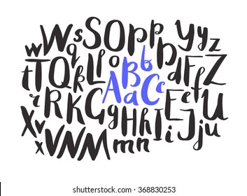 Female Lettering alphabet. Hand made ink font. Hand drawn Letters written with a brush. Trendy hipster vector illustration