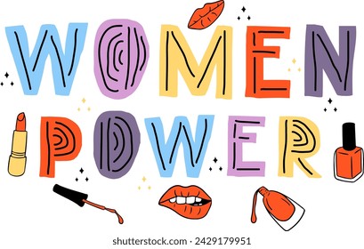 Female lettering in Scandinavian style with beaty items. Text Women power in childish style. Isolated vector illustration on white background. Good for poster, printout