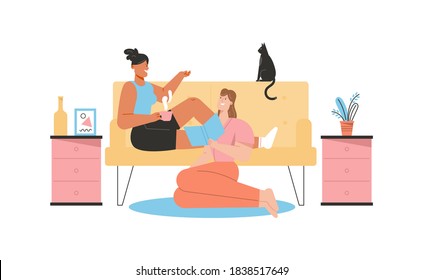 Female LGBT couple or family living together. Lesbians women talk, drink tea, read books, spend time in living room. Vector character illustration of love diversity, relationship, daily routine