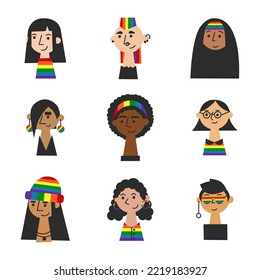 Female lgbt faces of various races, skin tones and hairstyles. Girl power and pride concept. Women diversity and equality flat vector illustration set.