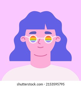 Female in a LGBTIQ flag sunglasses. Pride month concept. Vector illustration