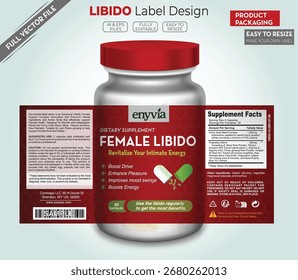 Diseño de la etiqueta del suplemento de la libido femenina para la dieta, empaquetado del Producto de la salud, impulso de la energía del bienestar, vitaminas herbales, Plantilla orgánica de la marca de la botella de la nutrición